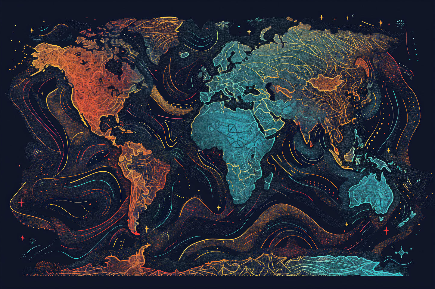 Generated World Map - Red and Blue Aurorae
