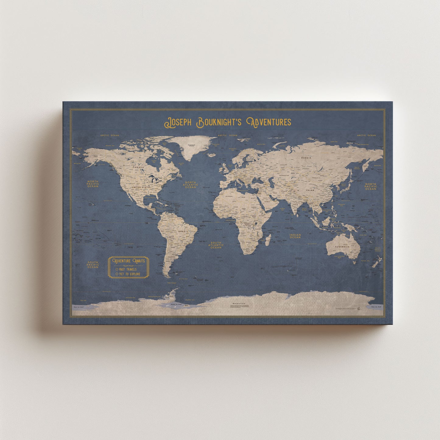 World Map Executive Style Push Pin Travel Map to Mark world travels for wanderlust world travelers in blue and gold colors that pins can stick out of to track your travels