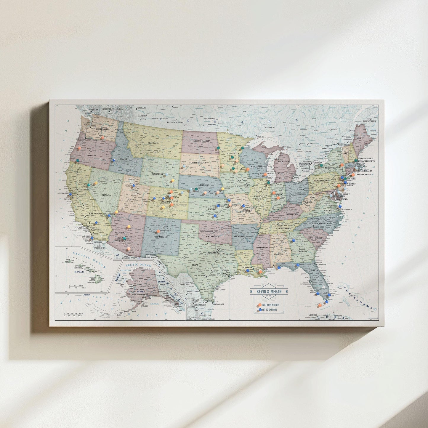 Muted tones USA push pin map printed on Canvas for tracking travels with customizable legend