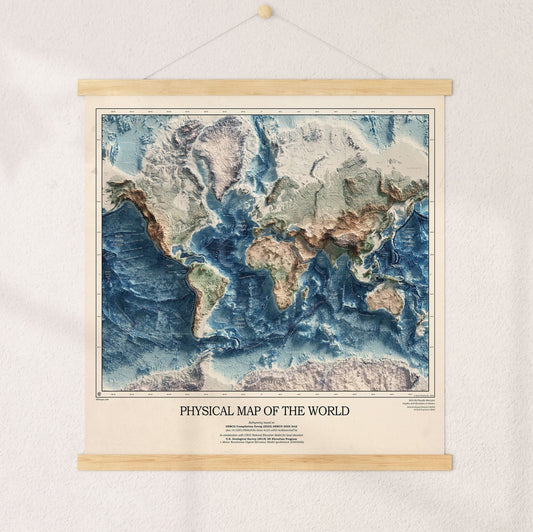 Physical Map of the World - 3D Relief Oceans and Geology Realistic render of the world - Terrain map - Poster Print
