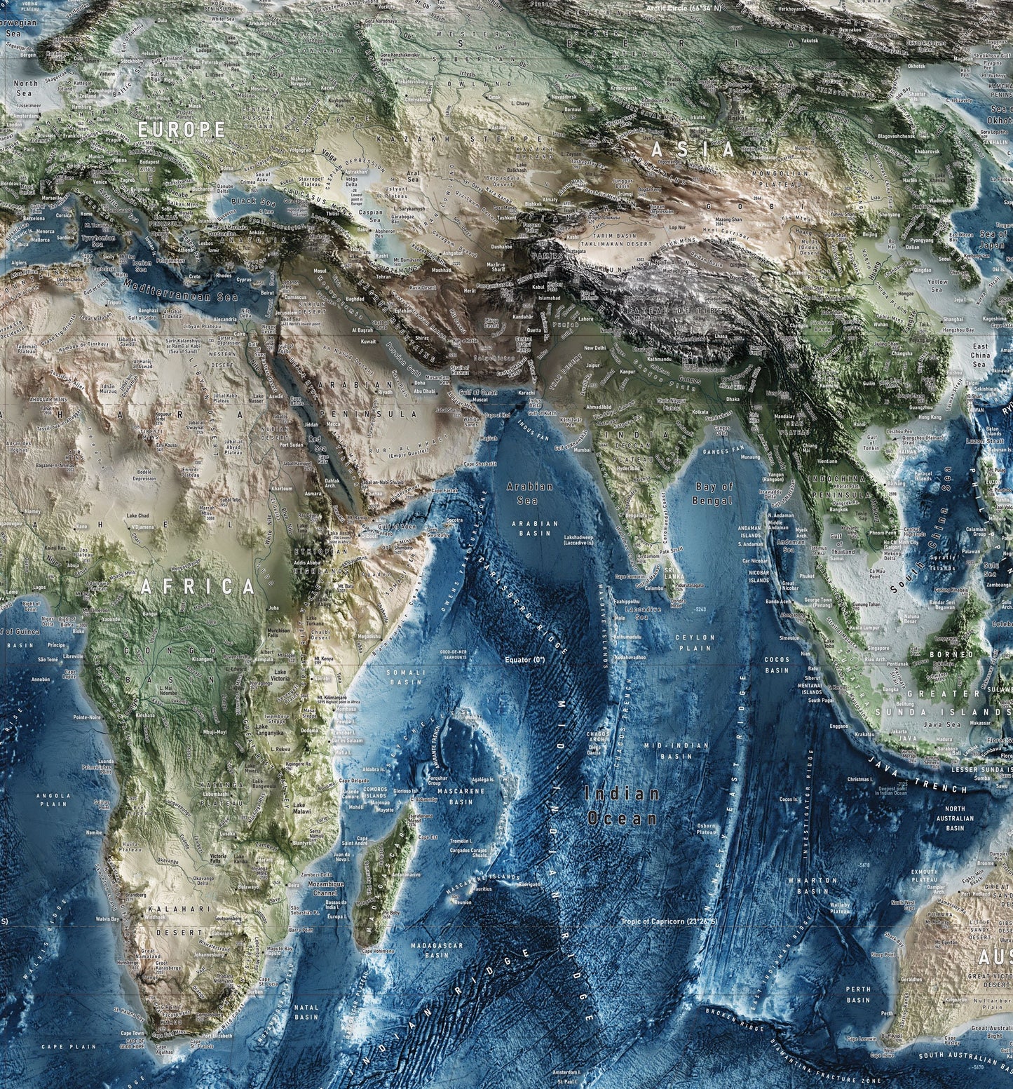 World Map - Equal Earth - Terrain and Elevation - Hydrography and Topography - Poster Print