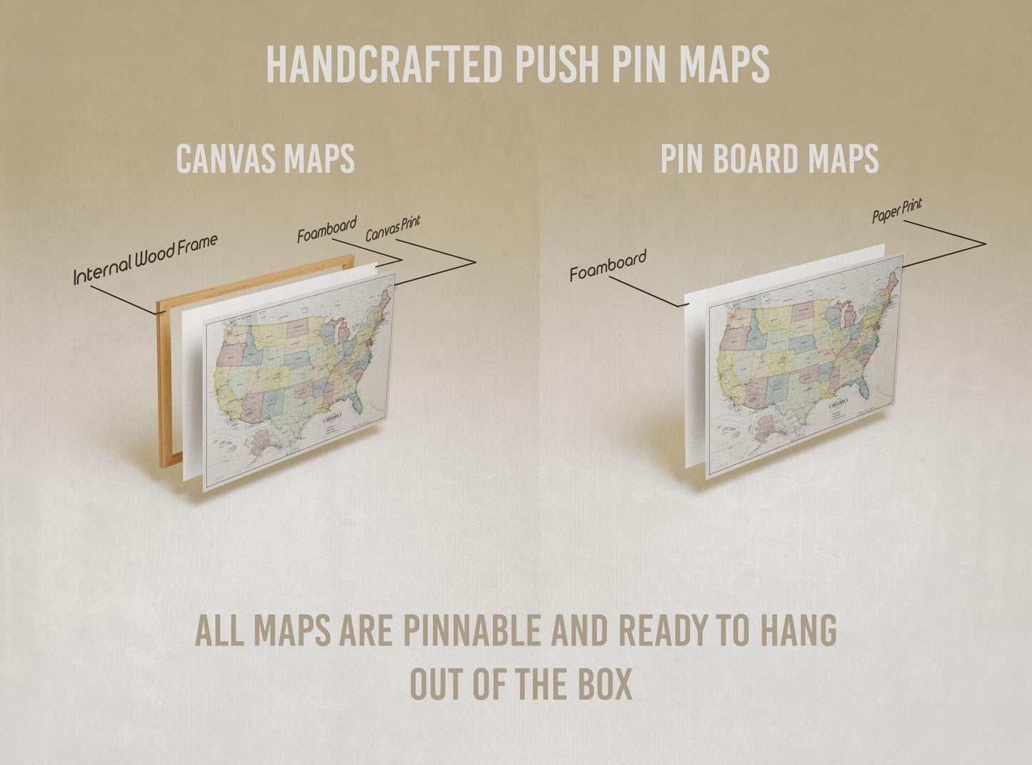 Heartstrings USA Push Pin Travel Map - Personalized US Map - 24x16" or 24x36" - Canvas or Pinboard - Unique Travel Gift