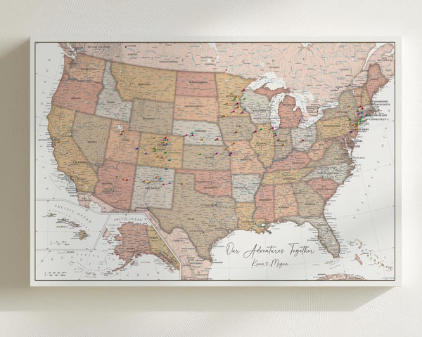 Heartstrings USA Push Pin Travel Map - Personalized US Map - 24x16" or 24x36" - Canvas or Pinboard - Unique Travel Gift