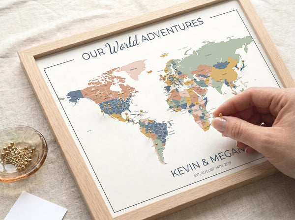 Push Pin World Map with Pins, Personalized Travel Map, Custom World Map Gift for Couples, Anniversary Gift