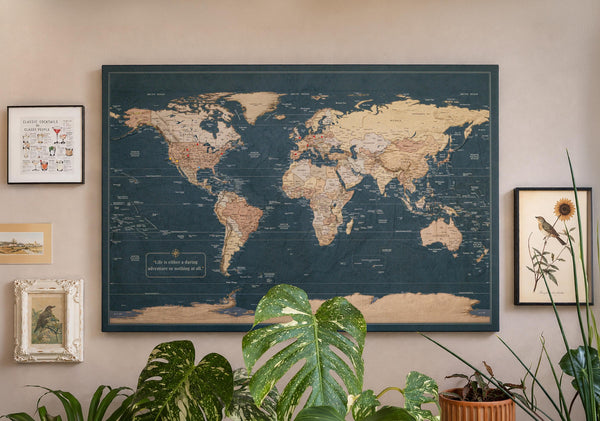 Slated Earth Blue & Gold World Push Pin Map on Premium Canvas - Custom Travel Pinboard with Personalized Legend, Pinnable World Map
