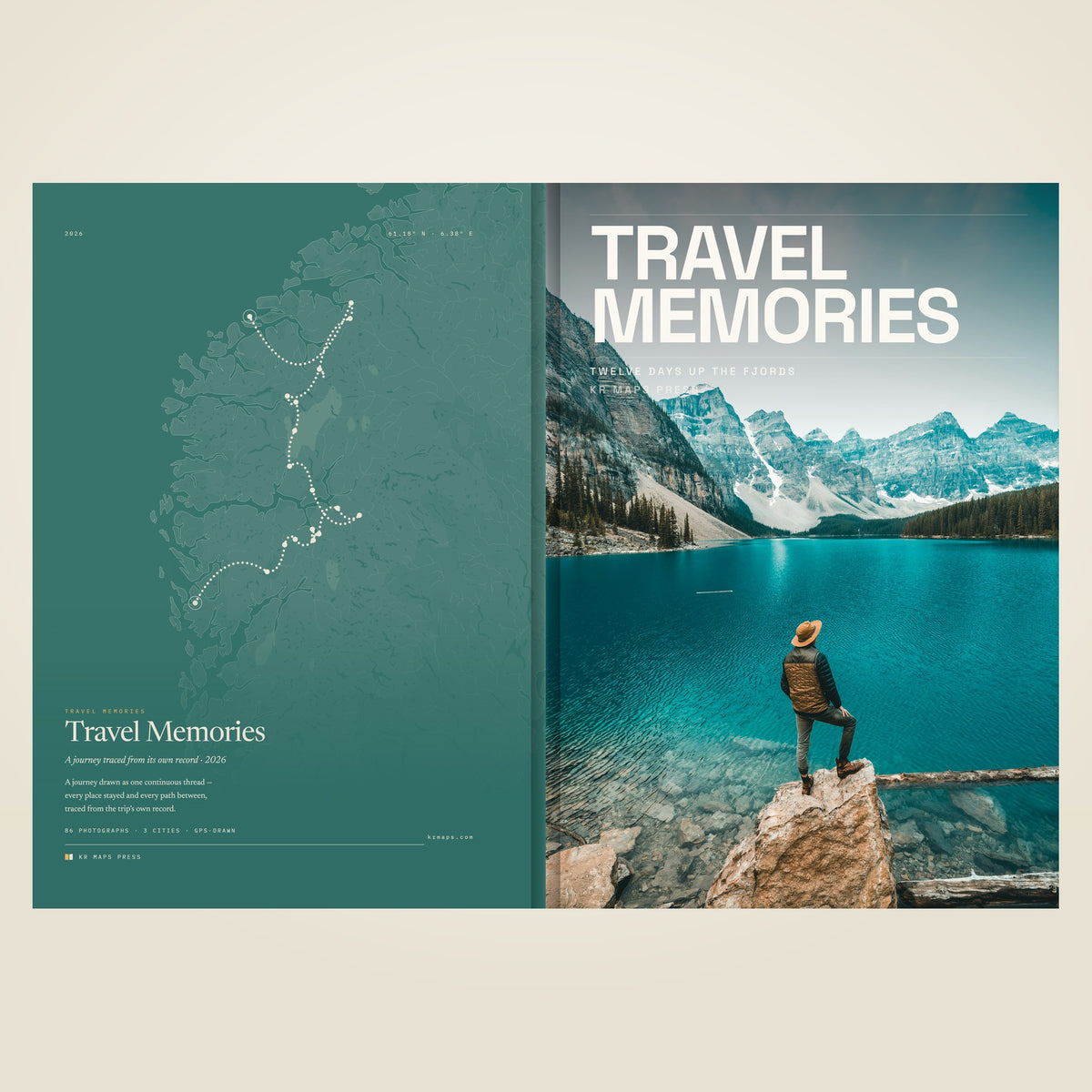 The full cover of an A4 portrait hardcover KR Maps Travel Book laid flat, back and front side by side. The front is a lake under snow-streaked peaks with the title set large across it; the back is a deep teal map of the Norwegian west coast, every fjord and island drawn into it, with the whole twelve-day route beaded up the coast from Bergen to Ålesund and the title and the trip’s own numbers set below