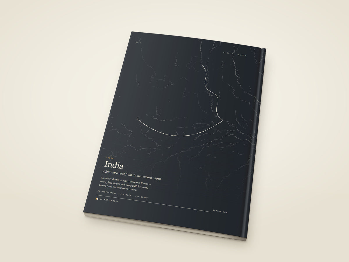 The back of the A4 portrait softcover Travel Book — the whole route drawn as one line, from the photographs' own GPS