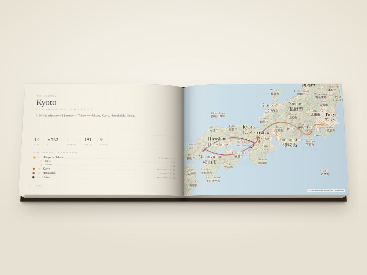 The same A5 landscape hardcover Travel Book, open on the table. The opening spread of the book: a fortnight in Japan — Tokyo, Hakone, Kyoto, Nara, Osaka, Hiroshima and Miyajima, drawn as one continuous route across a map of both pages, with the days, the distance, the number of photographs and every stop listed beside it