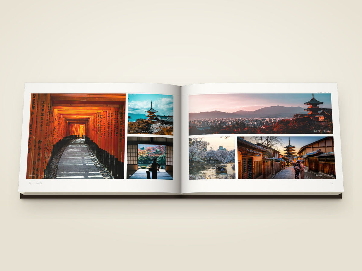 The same A5 landscape hardcover Travel Book, open on the table. Two printed pages — six photographs from a Kyoto day — the torii corridor, a pagoda over the city, autumn maples through an open doorway, the city at dusk, cherry blossom over a canal and a lane running up to a pagoda