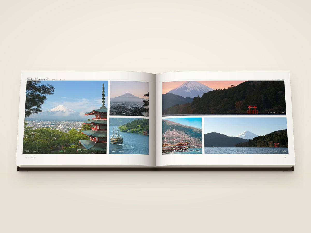 The same A5 landscape hardcover Travel Book, open on the table. Two printed pages — six more from the day at Fuji — the mountain behind a five-storey pagoda, the same view at dusk, a sightseeing ship on Lake Ashi, the snow cap over the lake and its red torii, the ship under cherry blossom and the mountain across the water