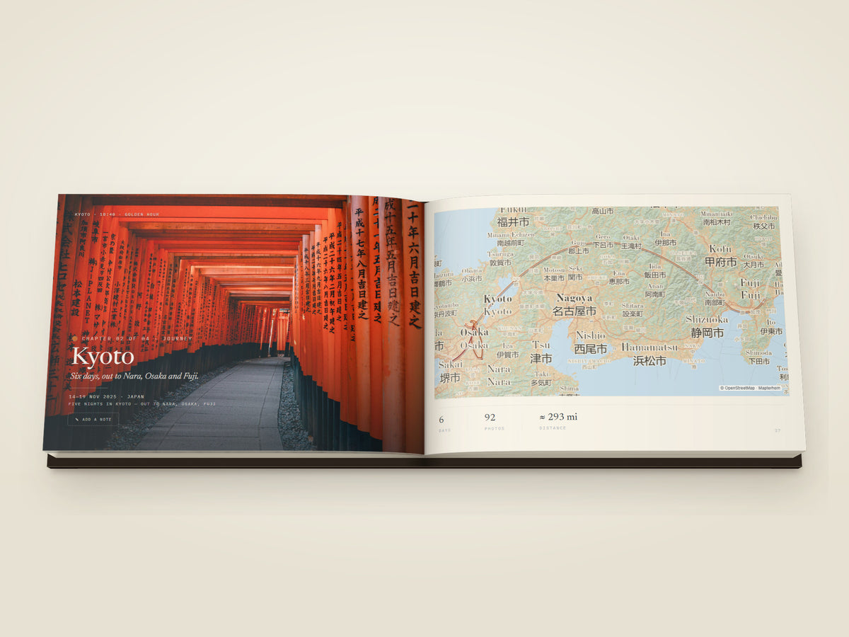 The same A5 landscape hardcover Travel Book, open on the table. A chapter opening across both pages — a corridor of vermilion torii gates at Fushimi Inari filling the left page under the place name, facing a map of the Kansai region with the route drawn across it