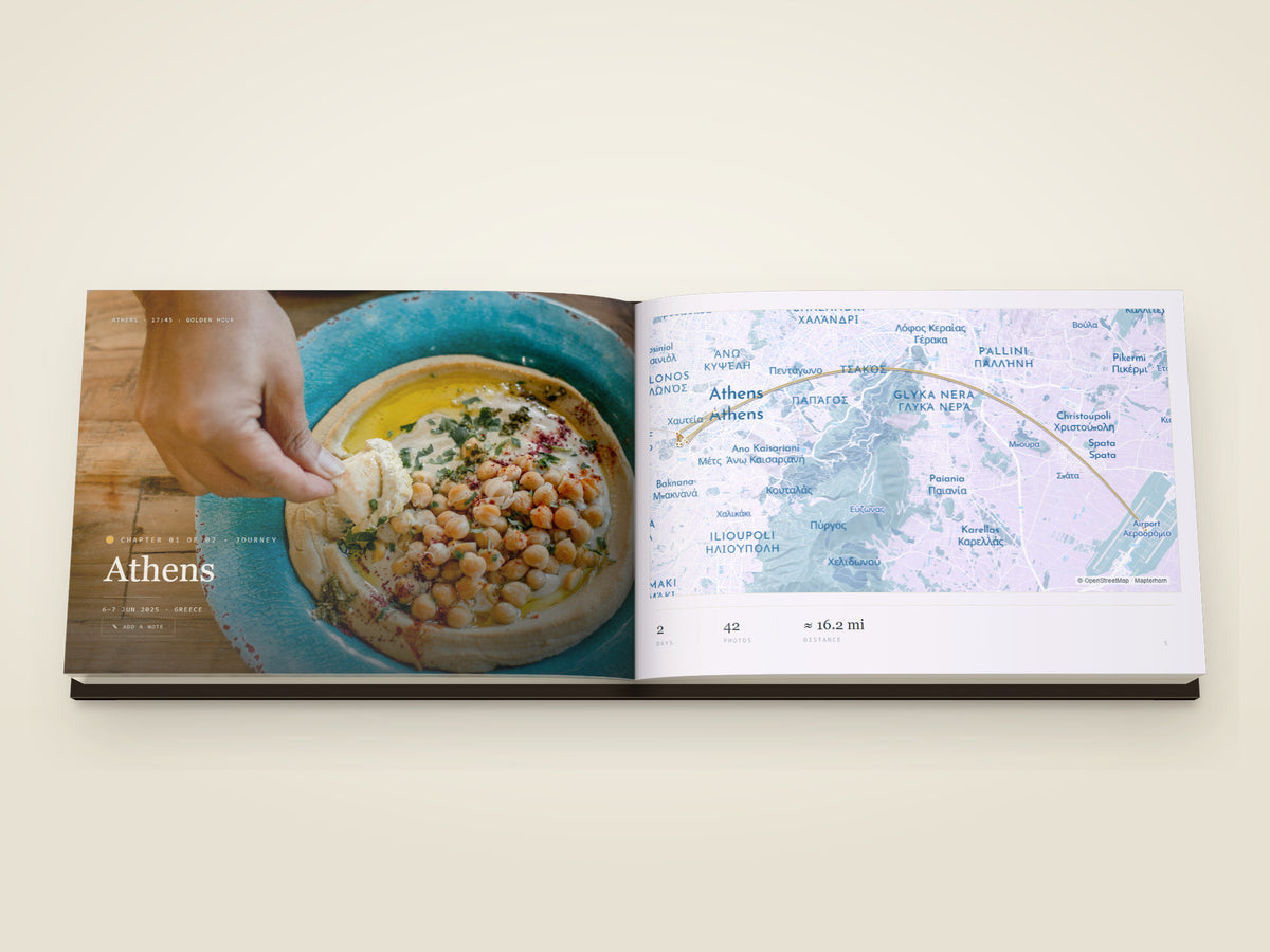 The same A5 landscape softcover Travel Book open on the table, a spread of photographs printed across both pages