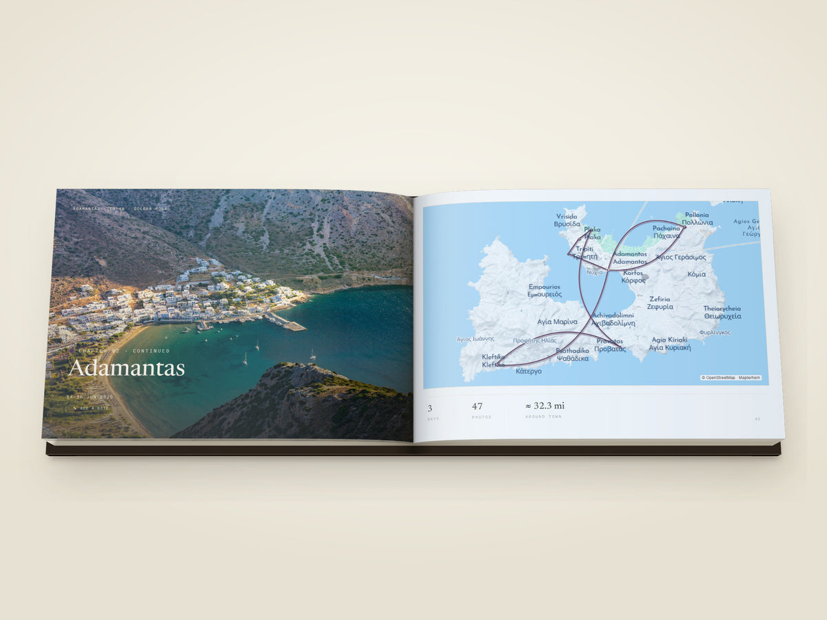 The same A5 landscape softcover Travel Book, open on the table. A chapter opening across both pages — a bay on Milos from above — a white village on the headland and the beach curving below it — filling the left page under the place name, facing a map of the island with the route drawn across it