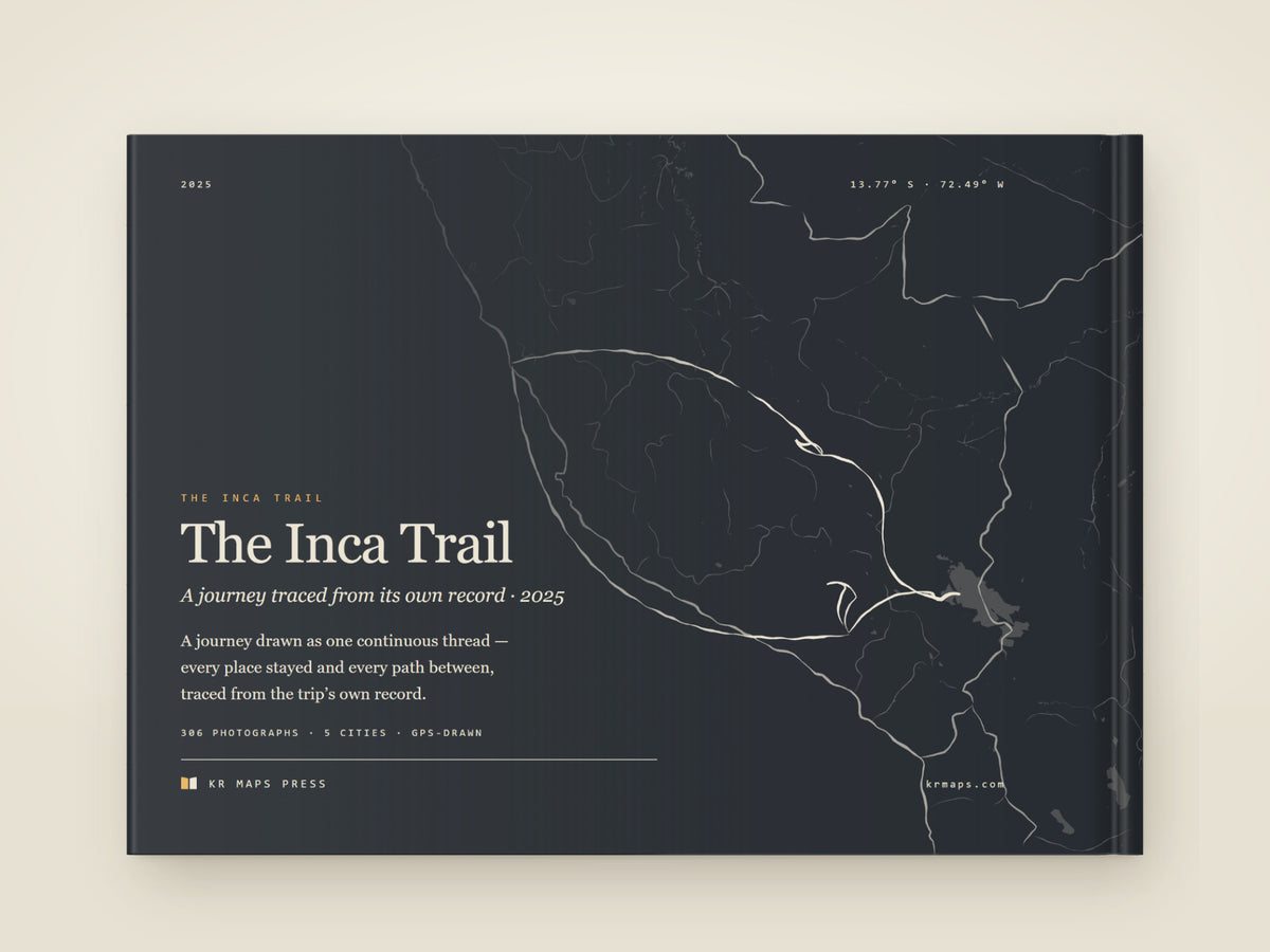 The back of the A4 landscape hardcover Travel Book — the whole route drawn as one line, from the photographs' own GPS