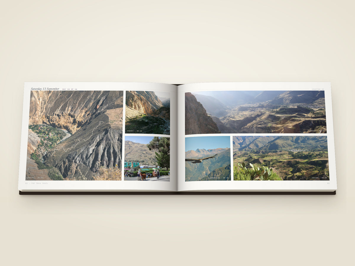 The same A4 landscape hardcover Travel Book, open on the table. Two printed pages — six more from the Colca canyon — the canyon walls, the river far below, a village square, the valley in haze, a condor gliding past and the terraces