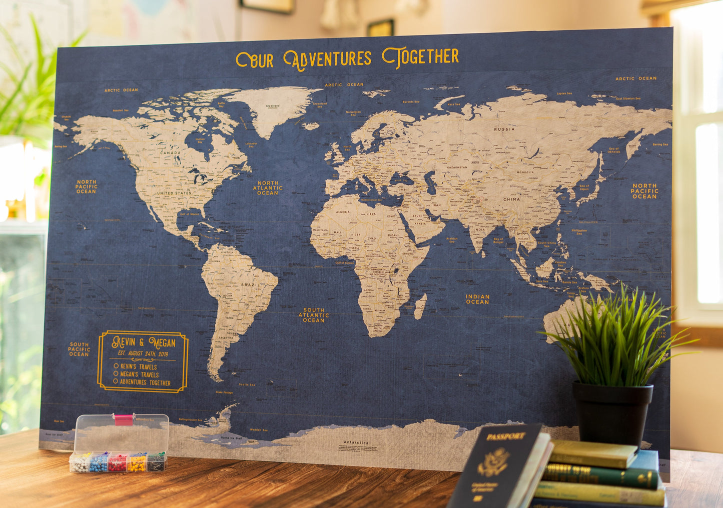World Map Executive Style Push Pin Travel Map to Mark world travels for wanderlust world travelers in blue and gold colors that pins can stick out of to track your travels