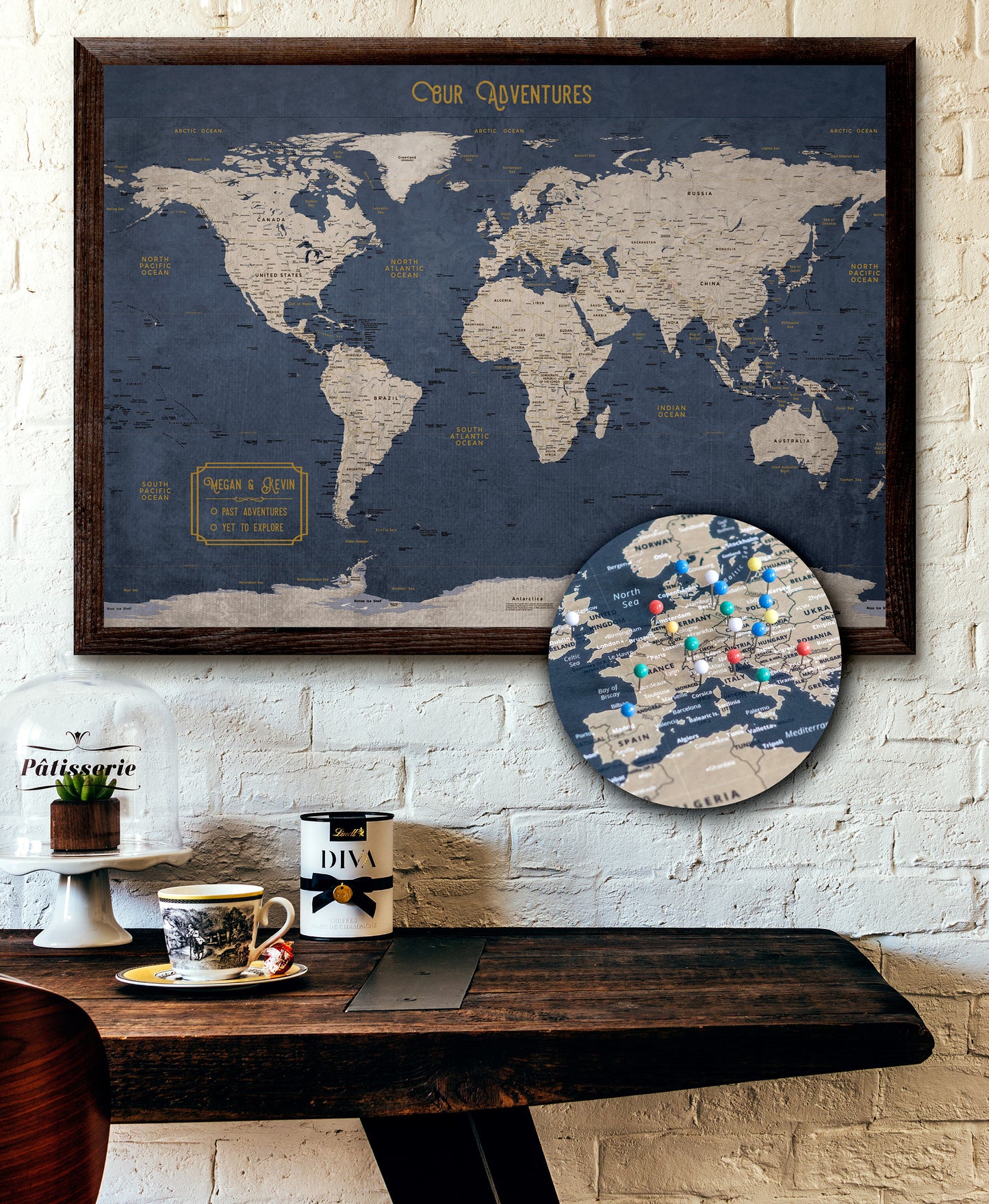 World Map Executive Style Push Pin Travel Map to Mark world travels for wanderlust world travelers in blue and gold colors that pins can stick out of to track your travels