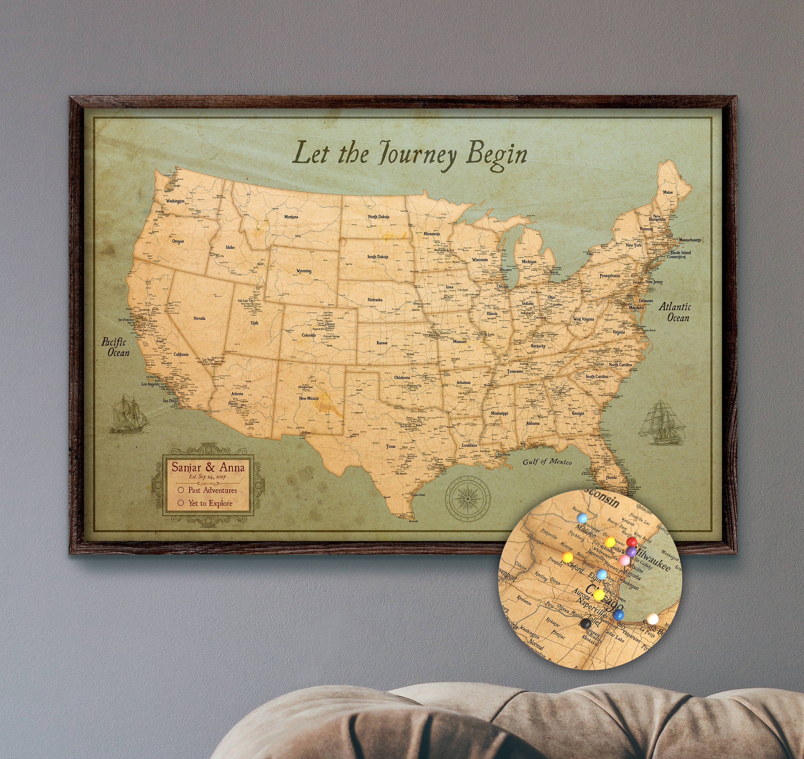 United States Earth-toned Push Pin Travel good Map with Pins and Frame 24X36