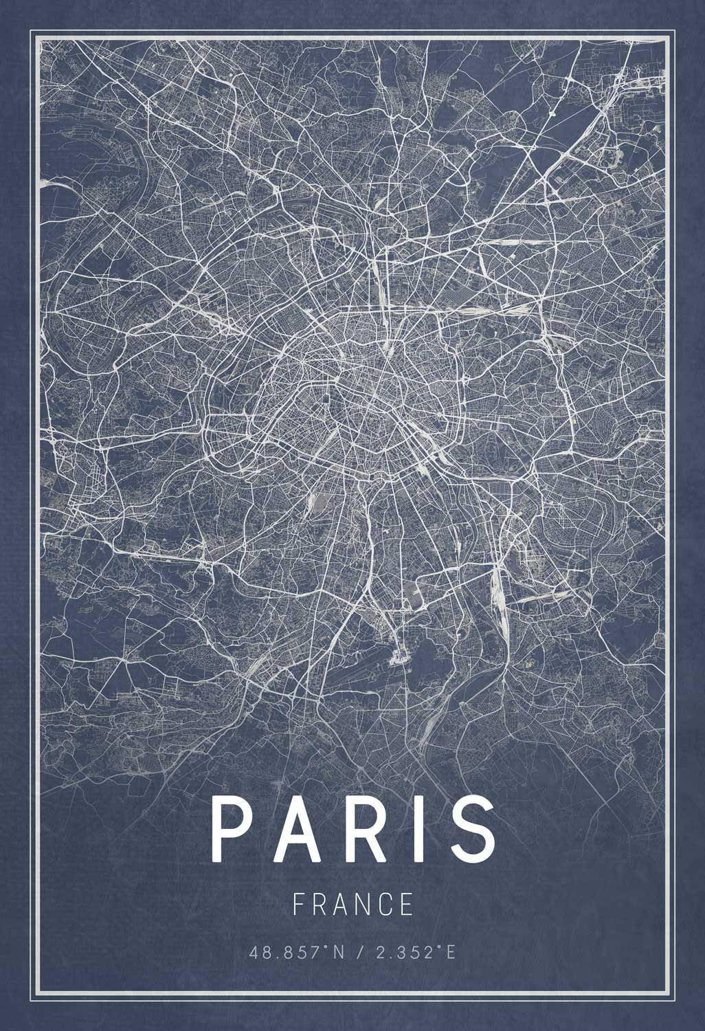 Full scale Paris blue map Road network line art