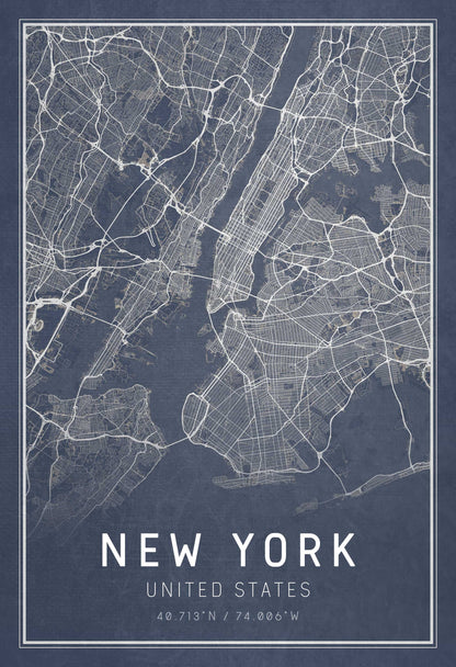 New York City Map Print Blue - 13x19 - Street Map of New York City showcasing iconic streets and landmarks.