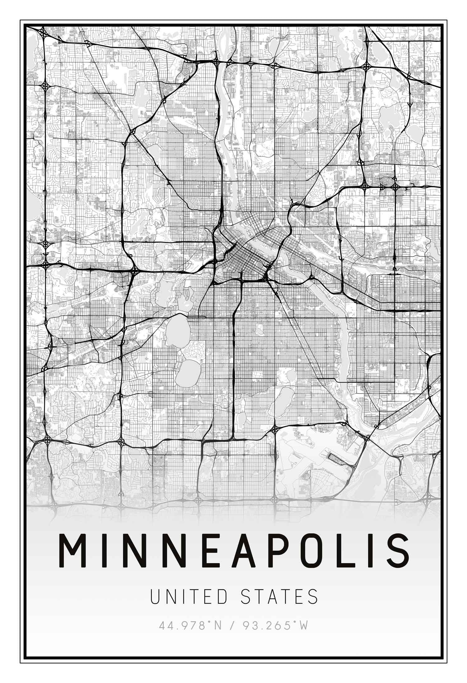 Minneapolis City Street Map Print Black and White 13x19"