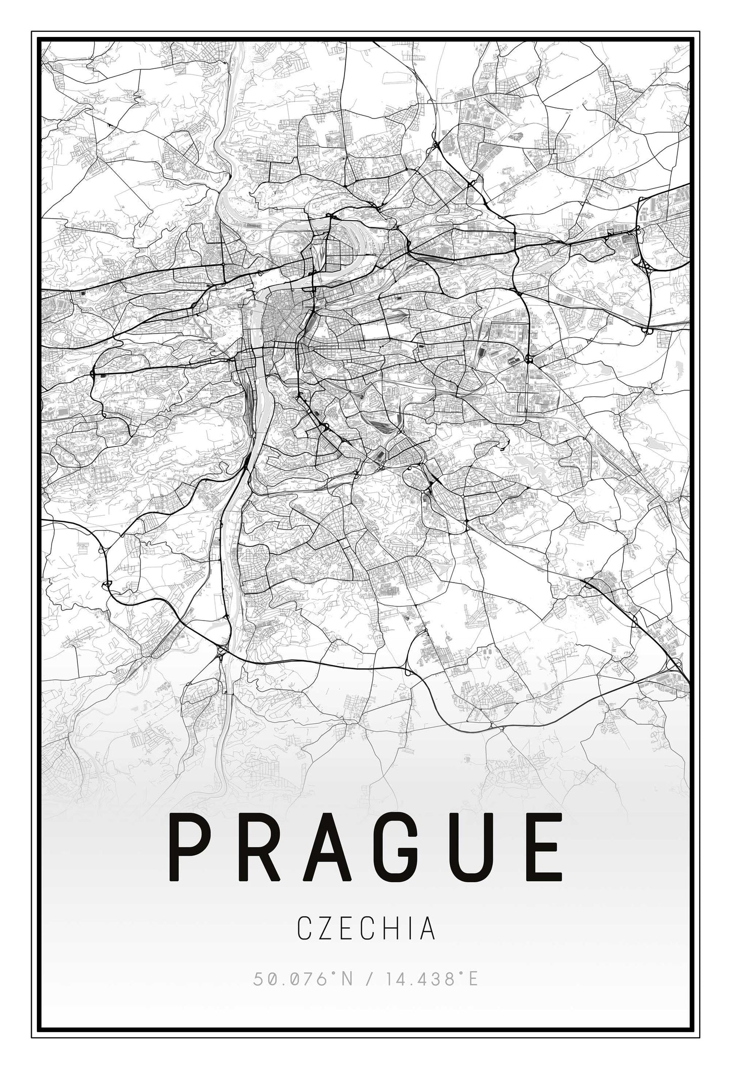 Prague City Street Map Art Print - In Black and White 13x19"