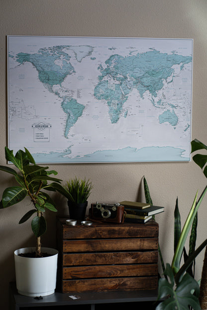 Teal Push Pin Travel Map with Pins - 24x36" or 24x16" Travel Map Canvas Pin Board