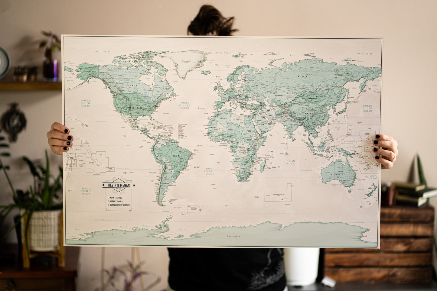 Teal Push Pin Travel Map with Pins - 24x36" or 24x16" Travel Map Canvas Pin Board
