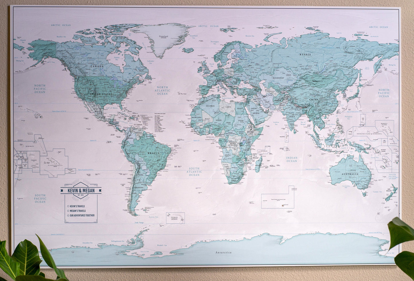 Teal Push Pin Travel Map with Pins - 24x36" or 24x16" Travel Map Canvas Pin Board