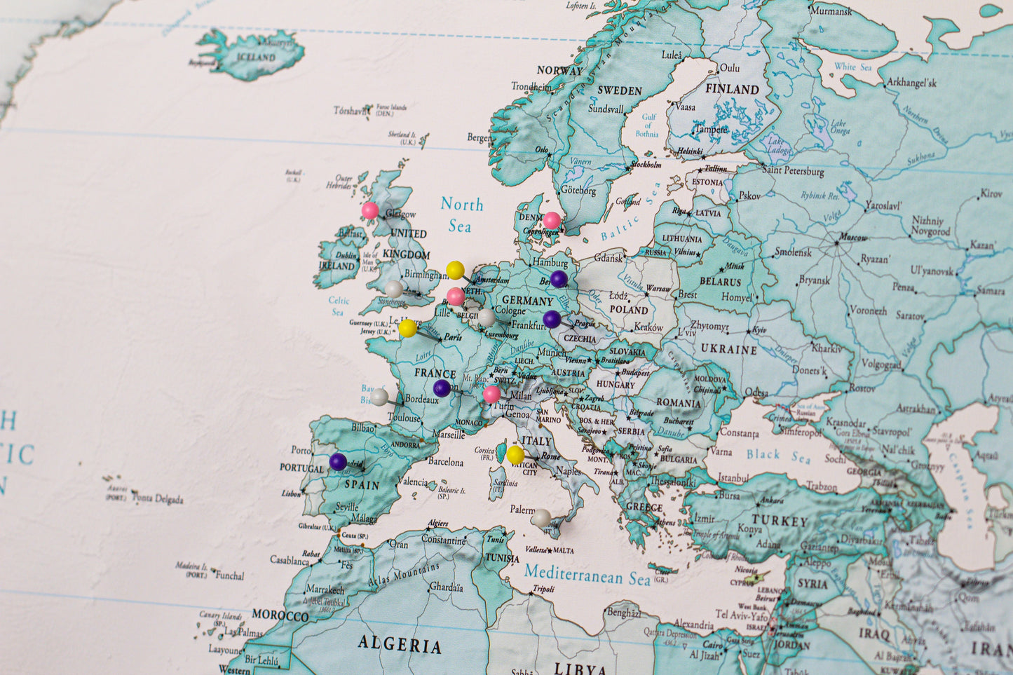 Teal Push Pin Travel Map with Pins - 24x36" or 24x16" Travel Map Canvas Pin Board