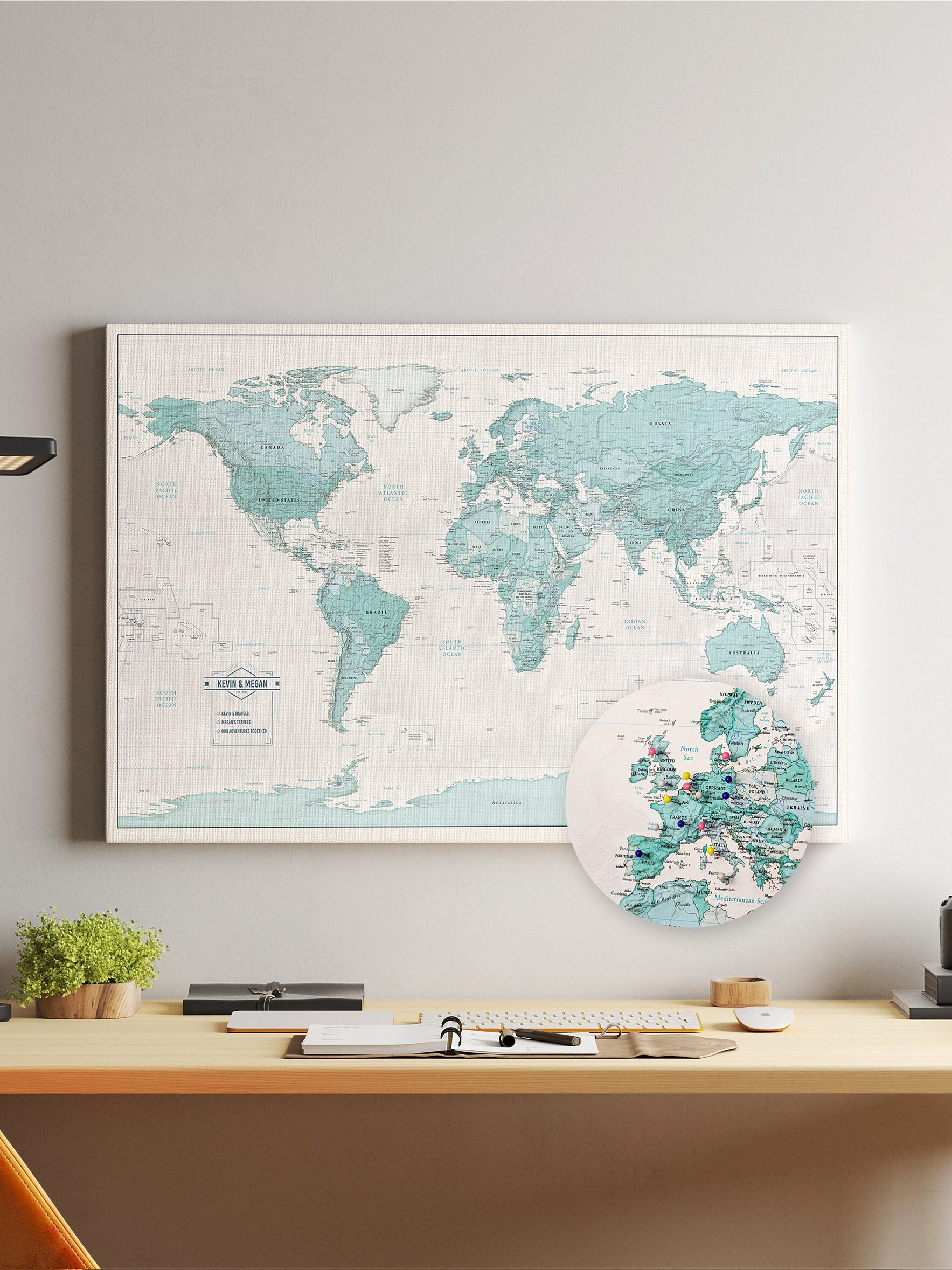Teal Push Pin Travel Map with Pins - 24x36" or 24x16" Travel Map Canvas Pin Board