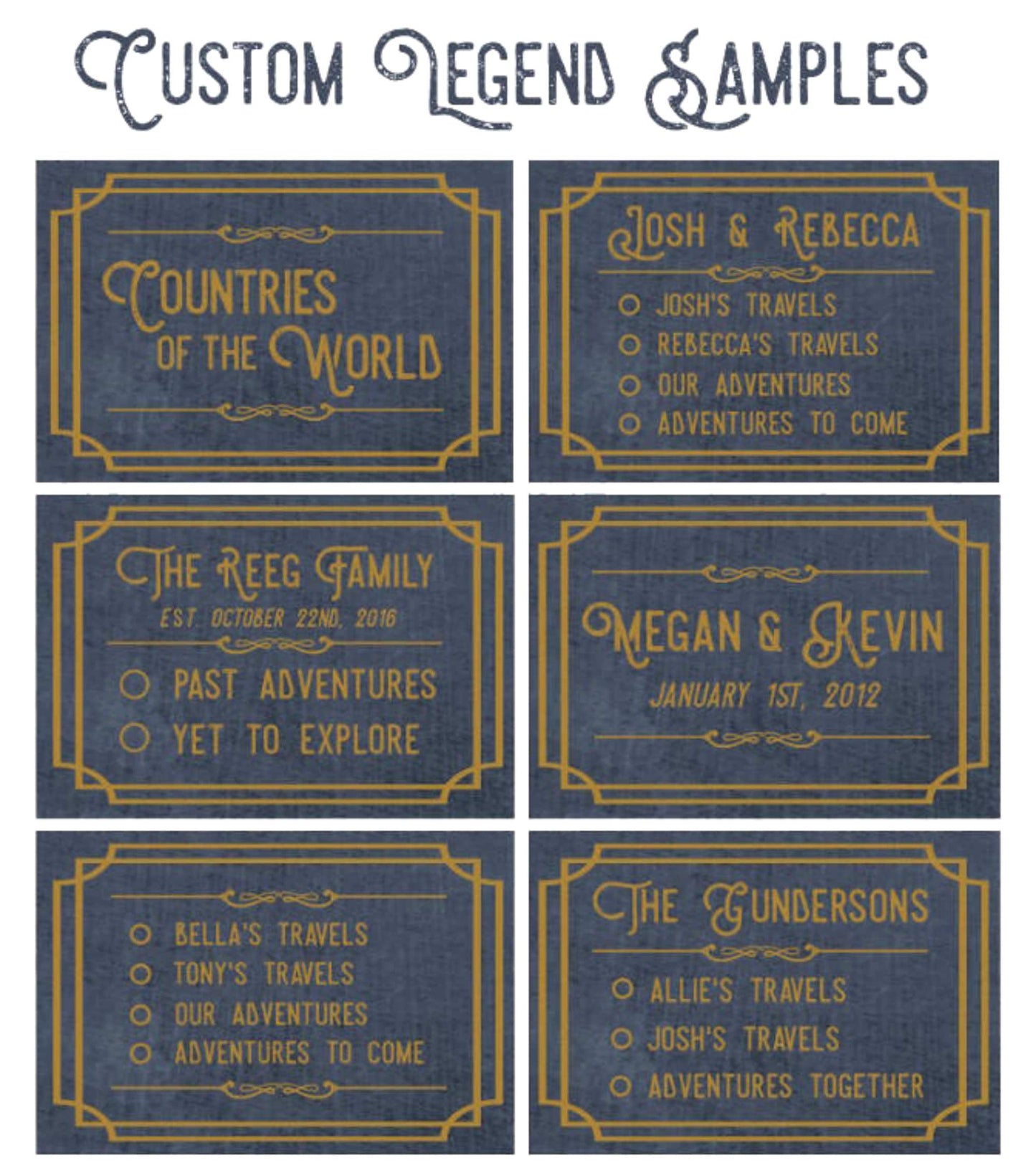 Executive Style Push Pin World Map list of different legend types that can be applied to the push pin map design. Ideas for personalized gift item. Blue and Gold push Pin Ideas
