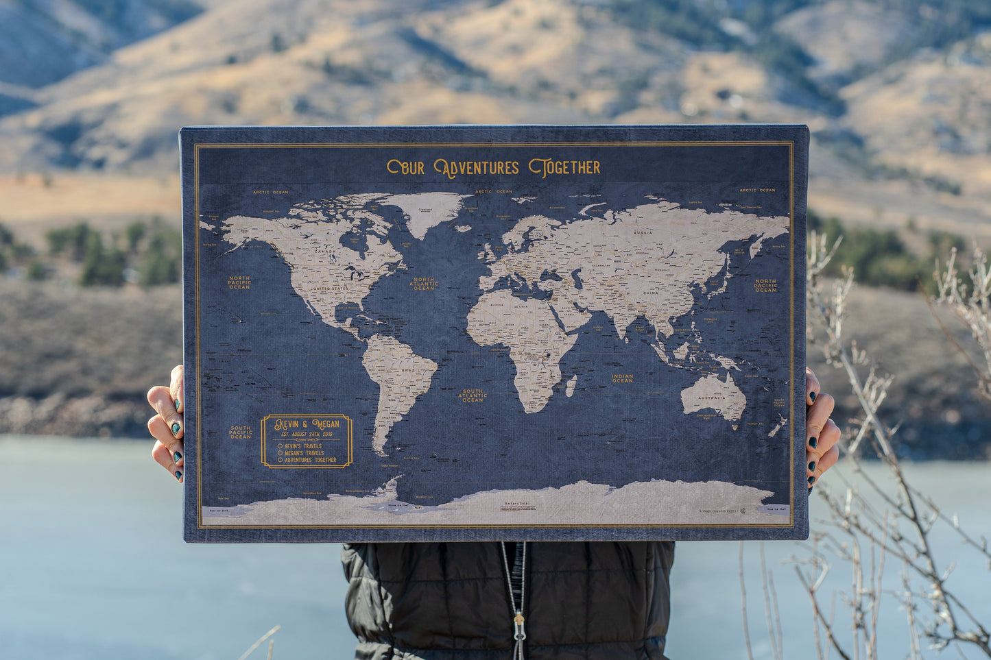 Personalized World Map with Push Pins by KR Maps for marking travel destinations in a customizable design