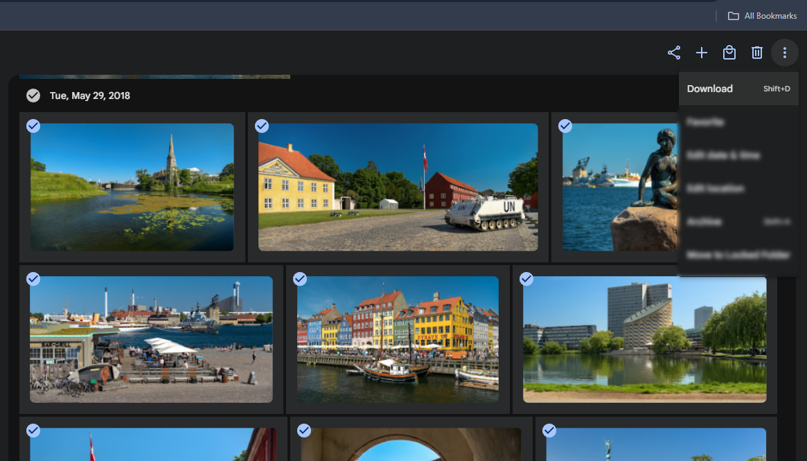 photos.google.com with a day of photos ticked and the three-dot menu open on Download