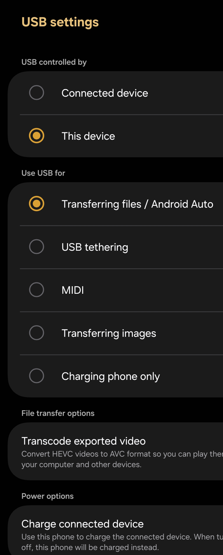 Android USB settings screen with “Transferring files / Android Auto” selected under Use USB for