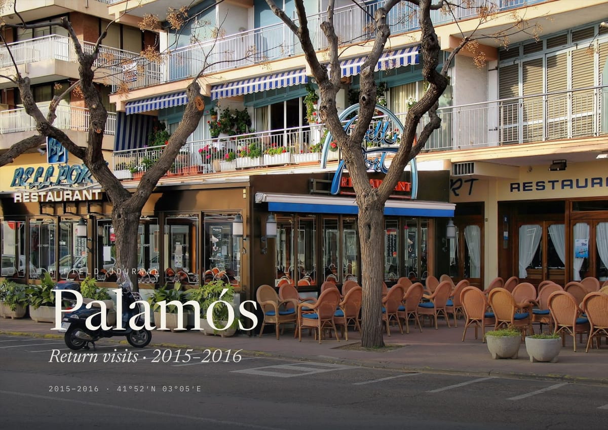 The front cover of the finished book: Palamós — Return visits 2015–2016, set on one of the trip’s own photographs