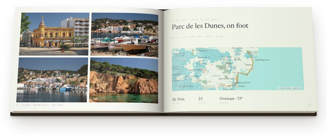 A moment spread from the same book: Parc de les Dunes, on foot — the morning’s photographs facing the walk’s own map