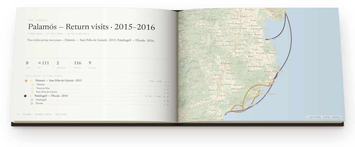 A Travel Book lying open at a full spread — the journey contents on the left page, the mapped route on the right