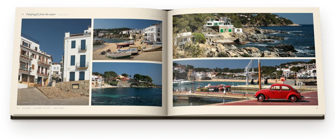 A photograph spread from the finished book: a grid of frames facing a full-bleed harbour scene
