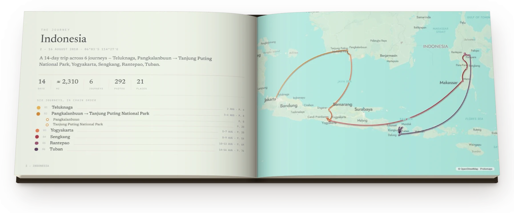 The opening spread of a real book: Indonesia, with the whole 14-day route drawn across the map