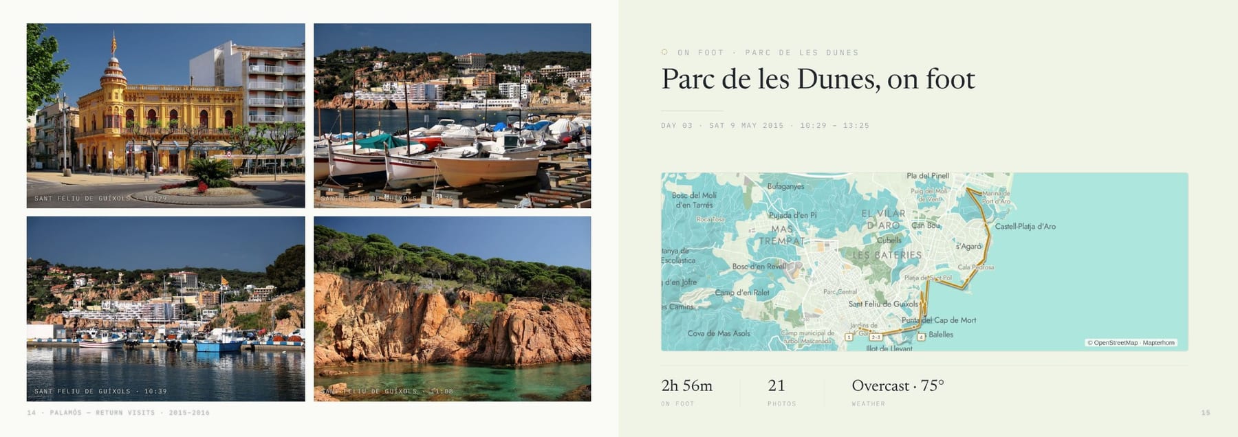 A moment spread from the same book: Parc de les Dunes, on foot — the morning’s photographs facing the walk’s own map
