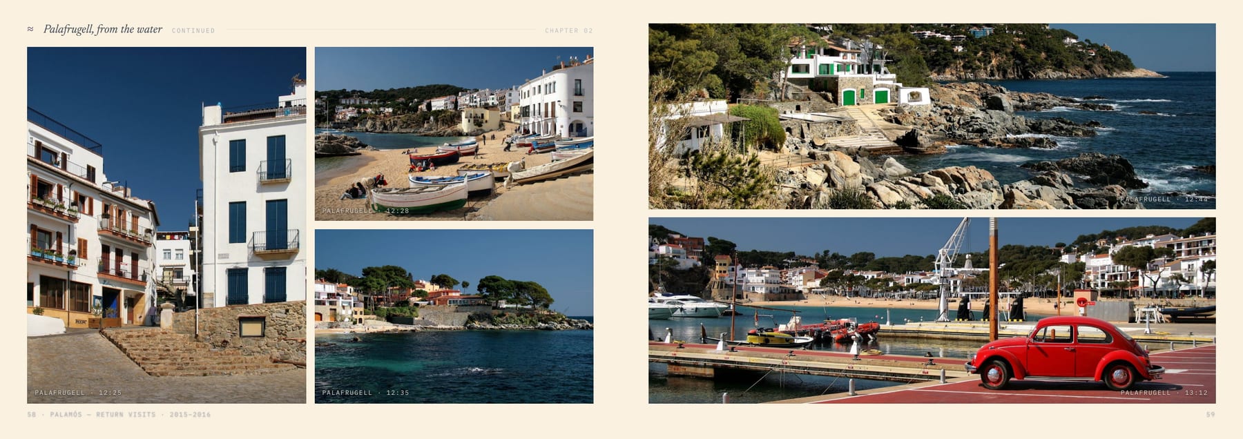 A photograph spread from the finished book: a grid of frames facing a full-bleed harbour scene