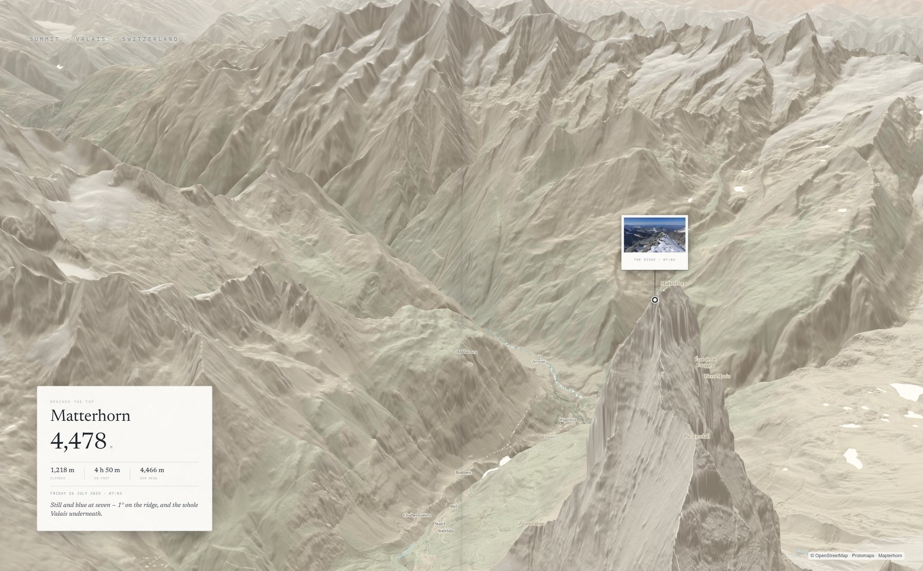 A summit spread: the Matterhorn in 3D relief with the climber’s own photograph planted at its coordinates