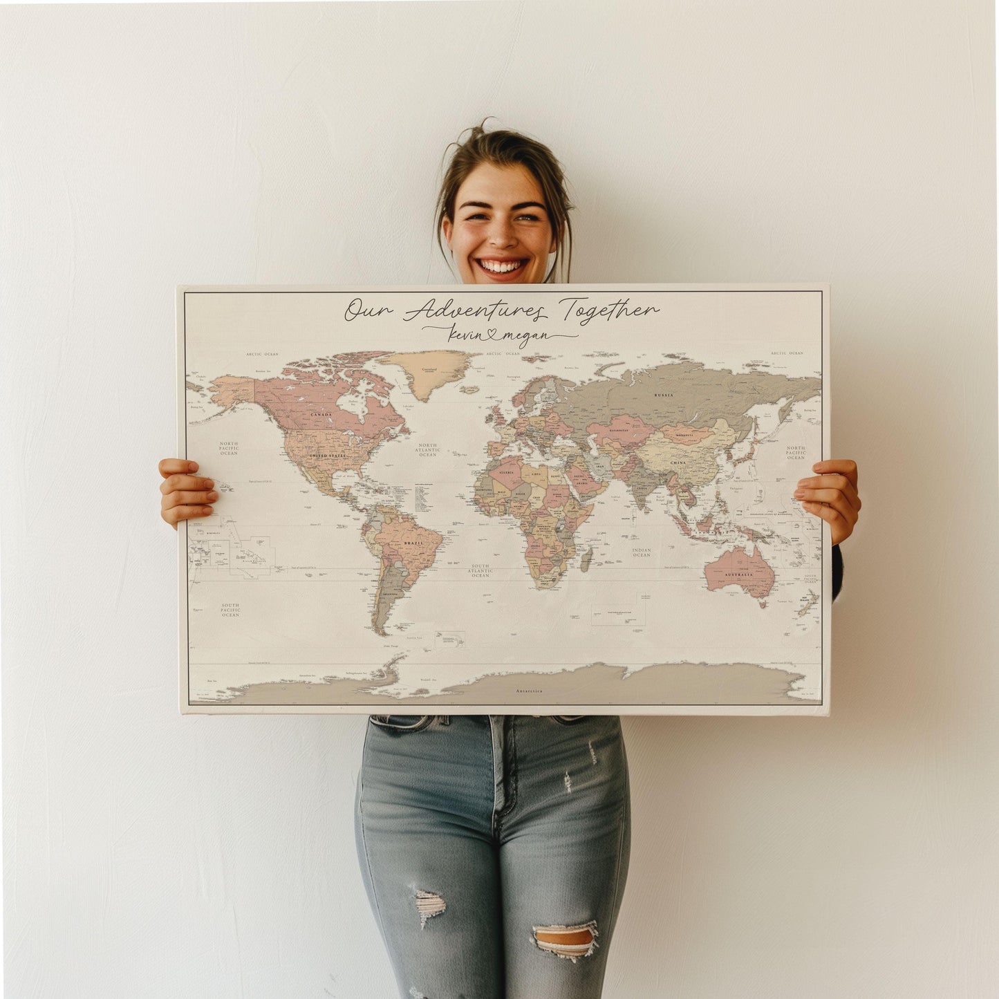 Romantic style World map to track world travels of Wanderlust Travelers to push pins where they have traveled. Names can be connected by a heart, can be used to push pins into to show past and future travels