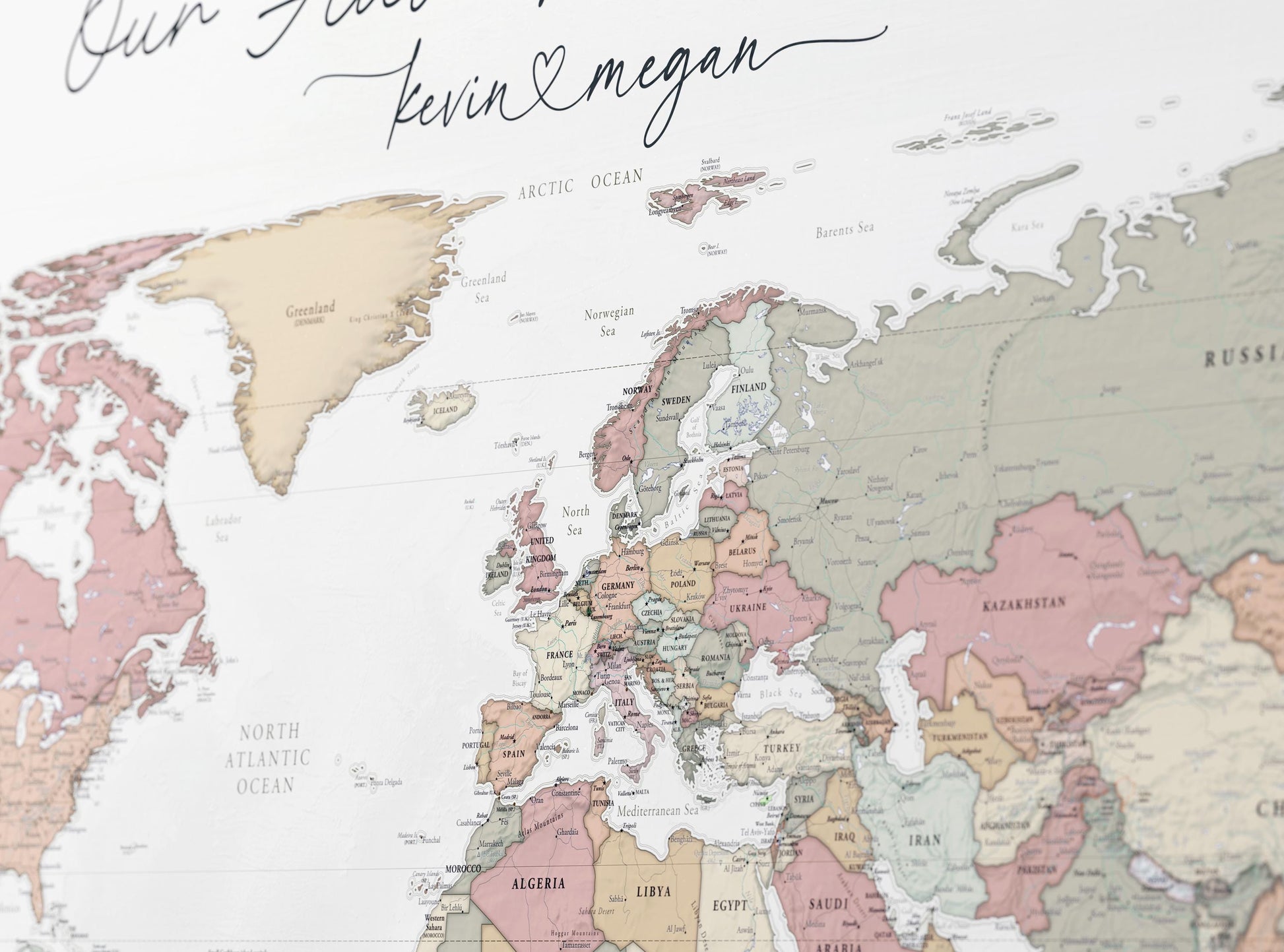 Romantic style World map to track world travels of Wanderlust Travelers to push pins where they have traveled. Names can be connected by a heart, can be used to push pins into to show past and future travels