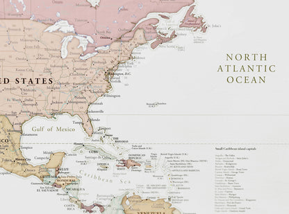 Romantic style World map to track world travels of Wanderlust Travelers to push pins where they have traveled. Names can be connected by a heart, can be used to push pins into to show past and future travels