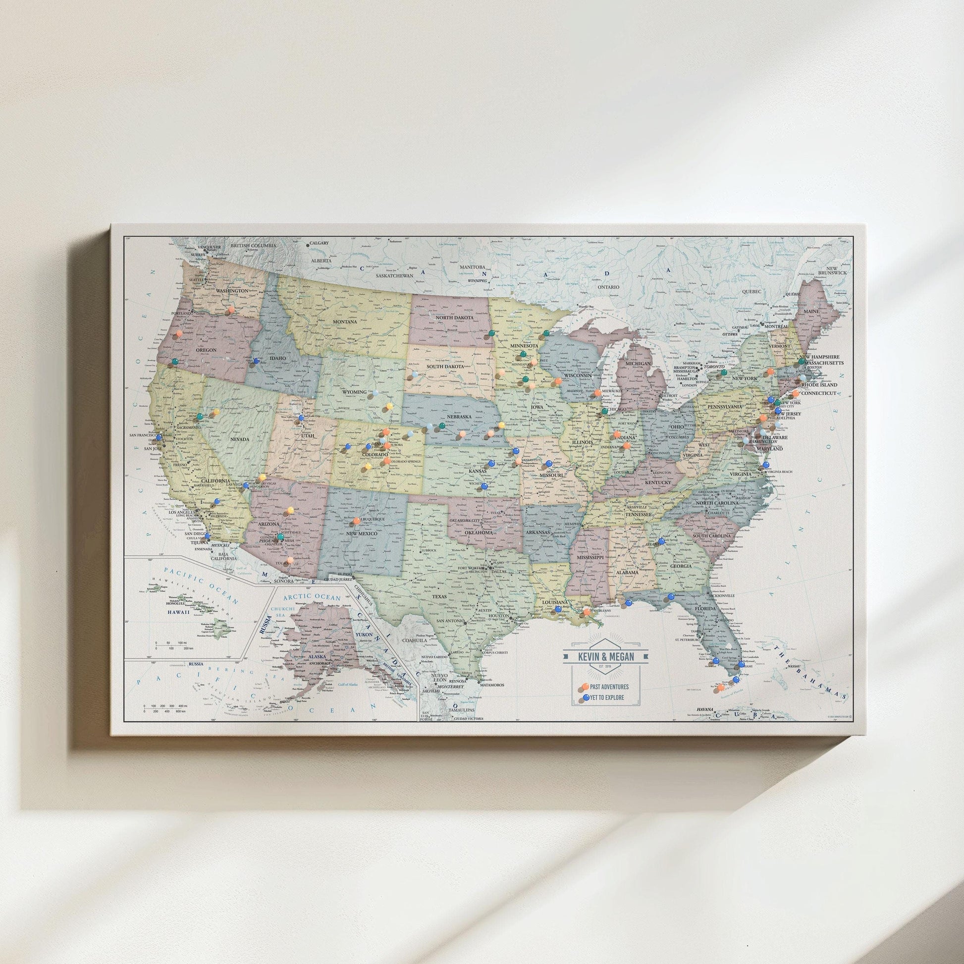 Muted tones USA push pin map printed on Canvas for tracking travels with customizable legend 