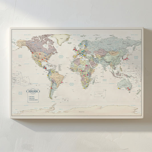 Muted Tones- Minimalist- World map to track world travels of Wanderlust Travelers to push pins where they have traveled. Can be used to push pins into to show past and future travels, for singles, couples, or families