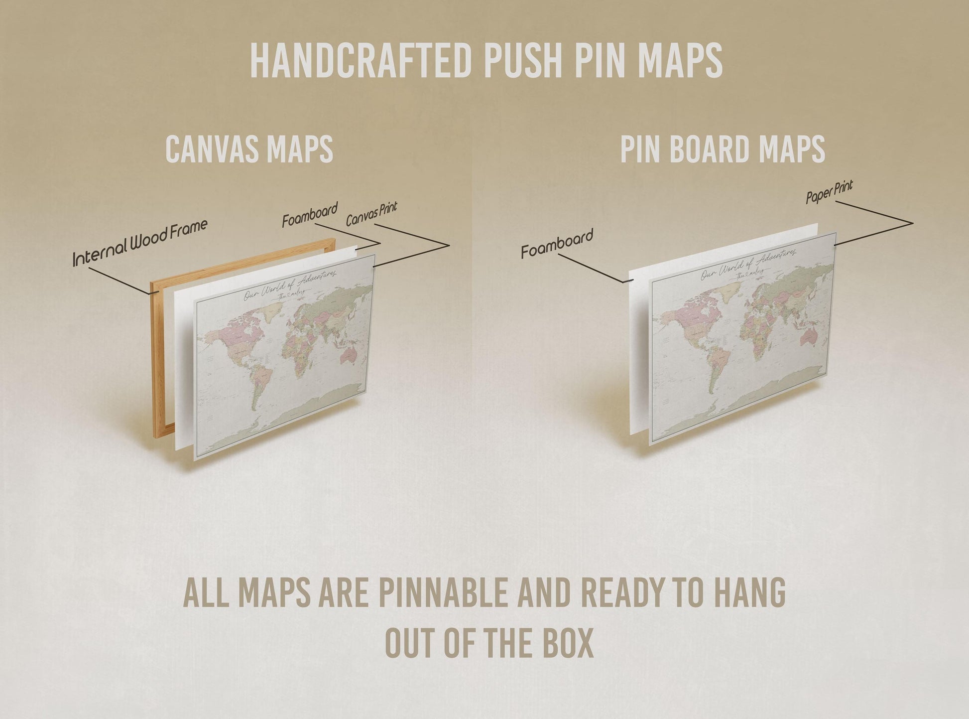 Romantic style World map to track world travels of couples to push pins where they have traveled. Names connected by a heart, created on Canvas Wrapped or Foamboard for push pins to track world travels