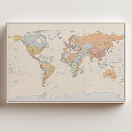 Vibrant Tones- World map to track world travels of Wanderlust Travelers to push pins where they have traveled. Can be used to push pins into to show past and future travels, for singles, couples, or families. In Foamboard or Canvas to hold push pins. Warm colors for cozy home vibes